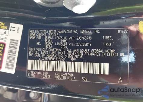 2022 Toyota Highlander Le z USA, uszkodzony, nr VIN 5TDZZRAH8NS102950